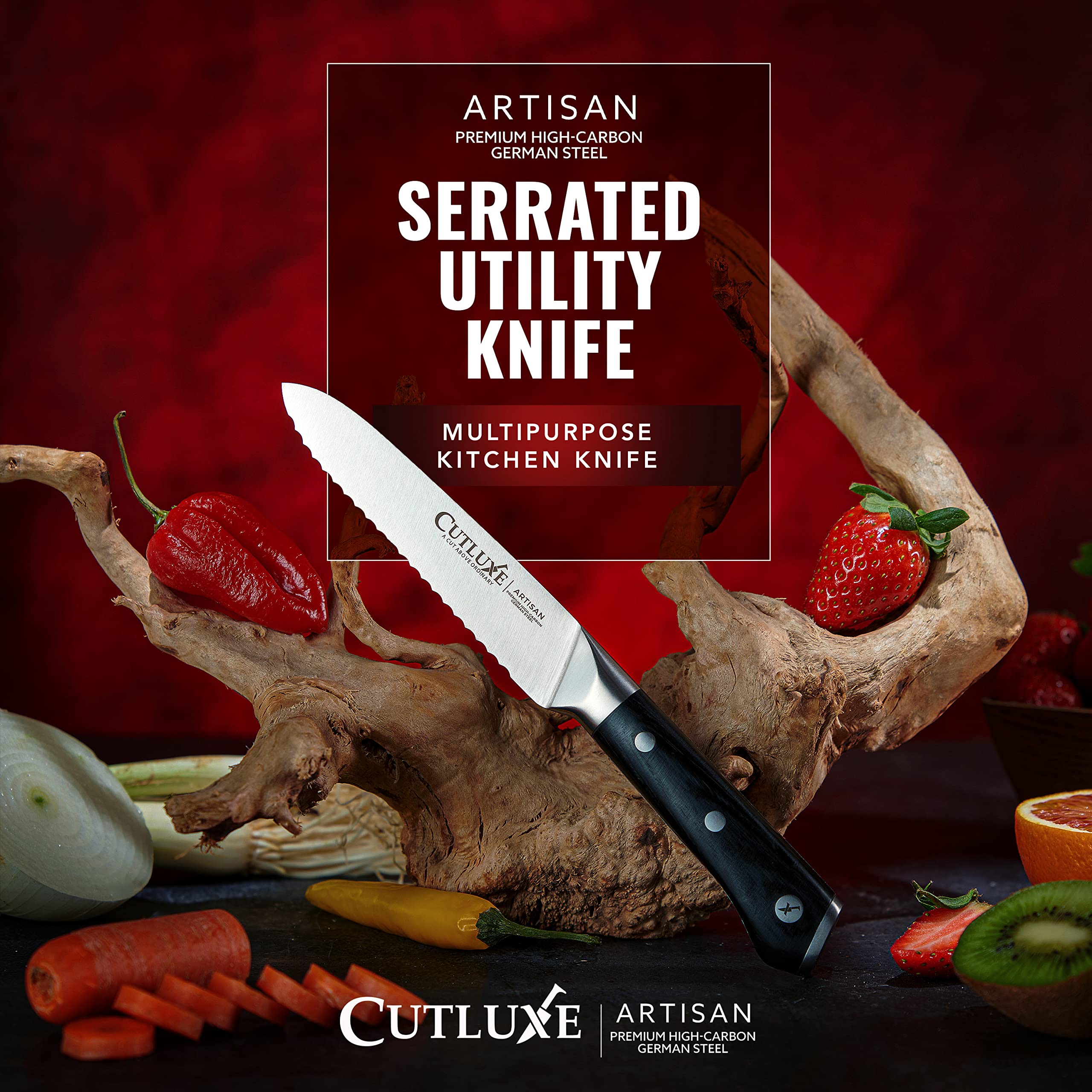 Pakkawood handle on Cutluxe Artisan Series knife with triple rivets