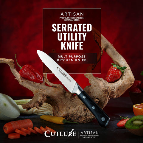 Pakkawood handle on Cutluxe Artisan Series knife with triple rivets