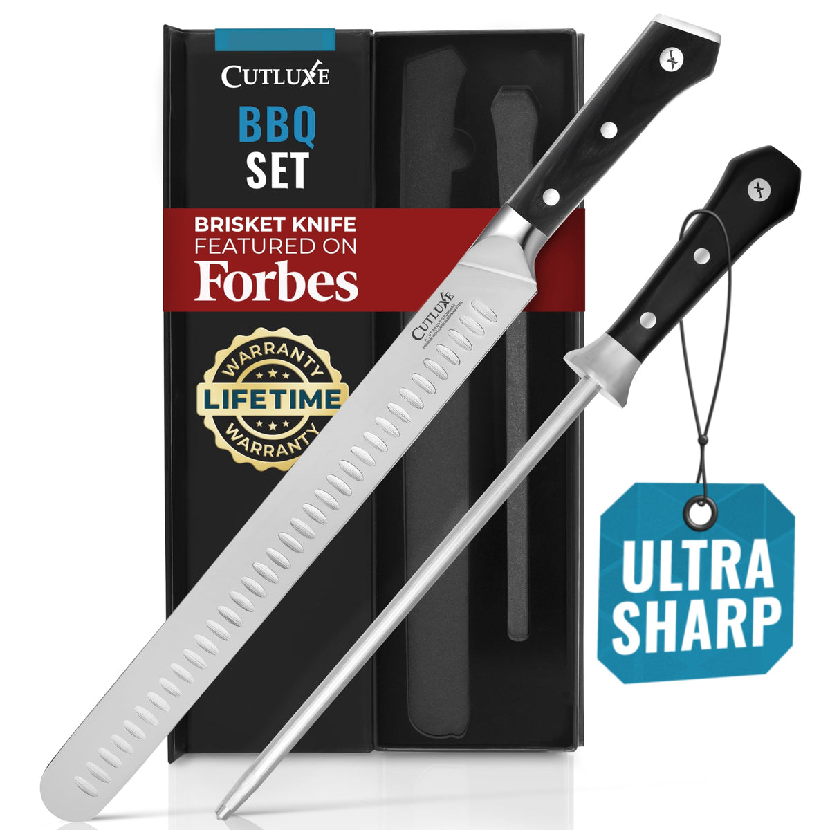 Cutluxe 12-inch brisket knife ready for precise slicing of meat