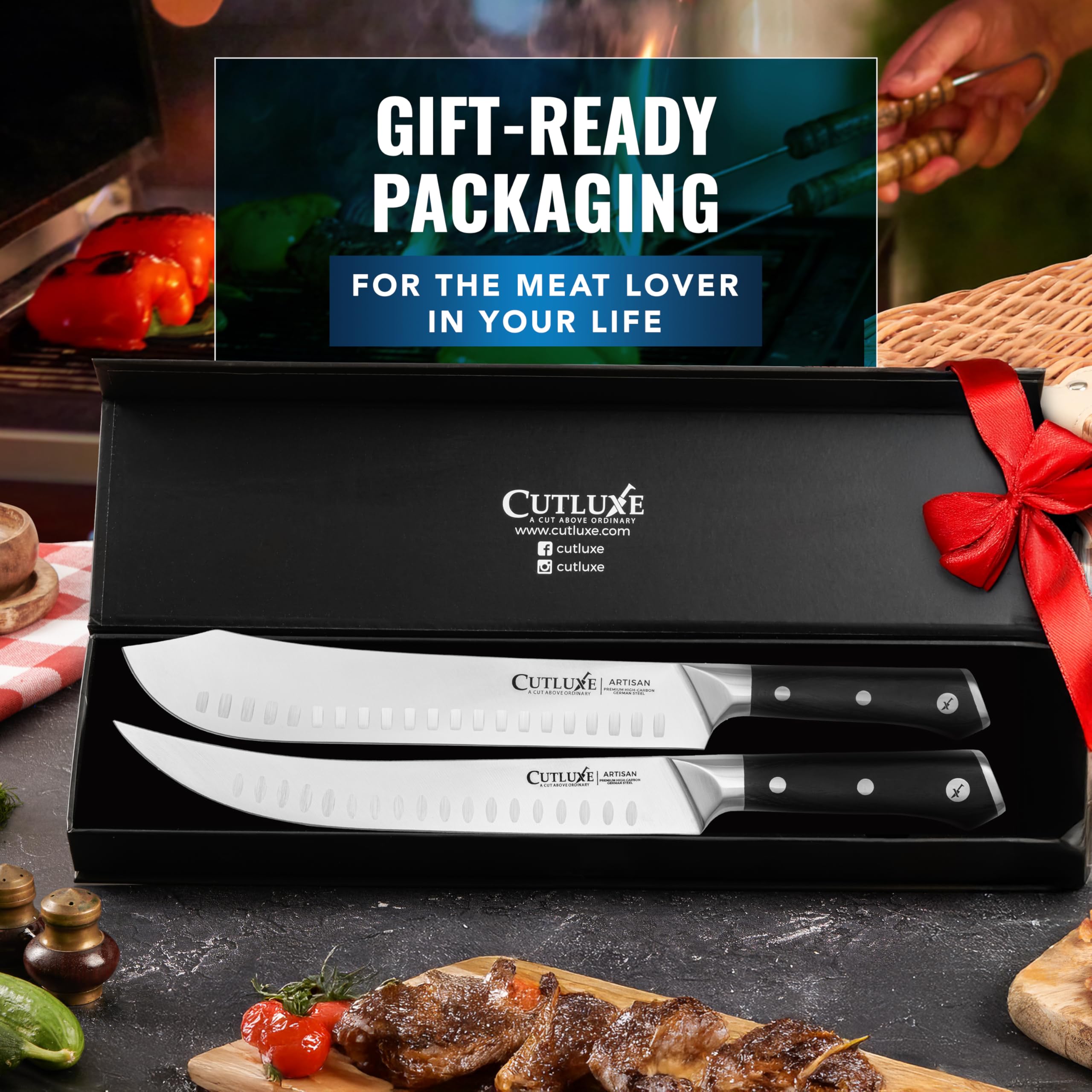 Cutluxe BBQ-ready scene demonstrates versatile use for grilling.