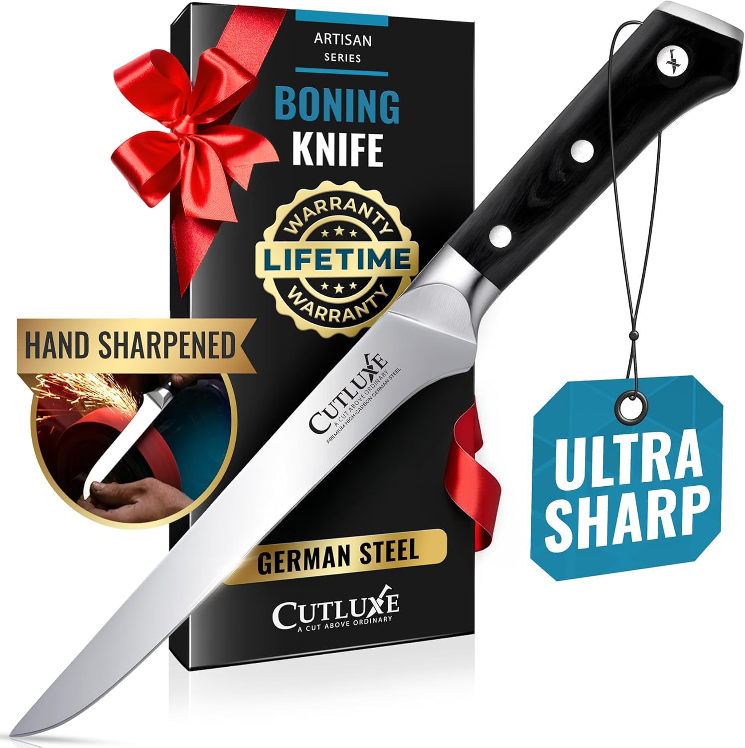 Cutluxe boning knife 6-inch razor edge enables precise filleting and clean trimming.