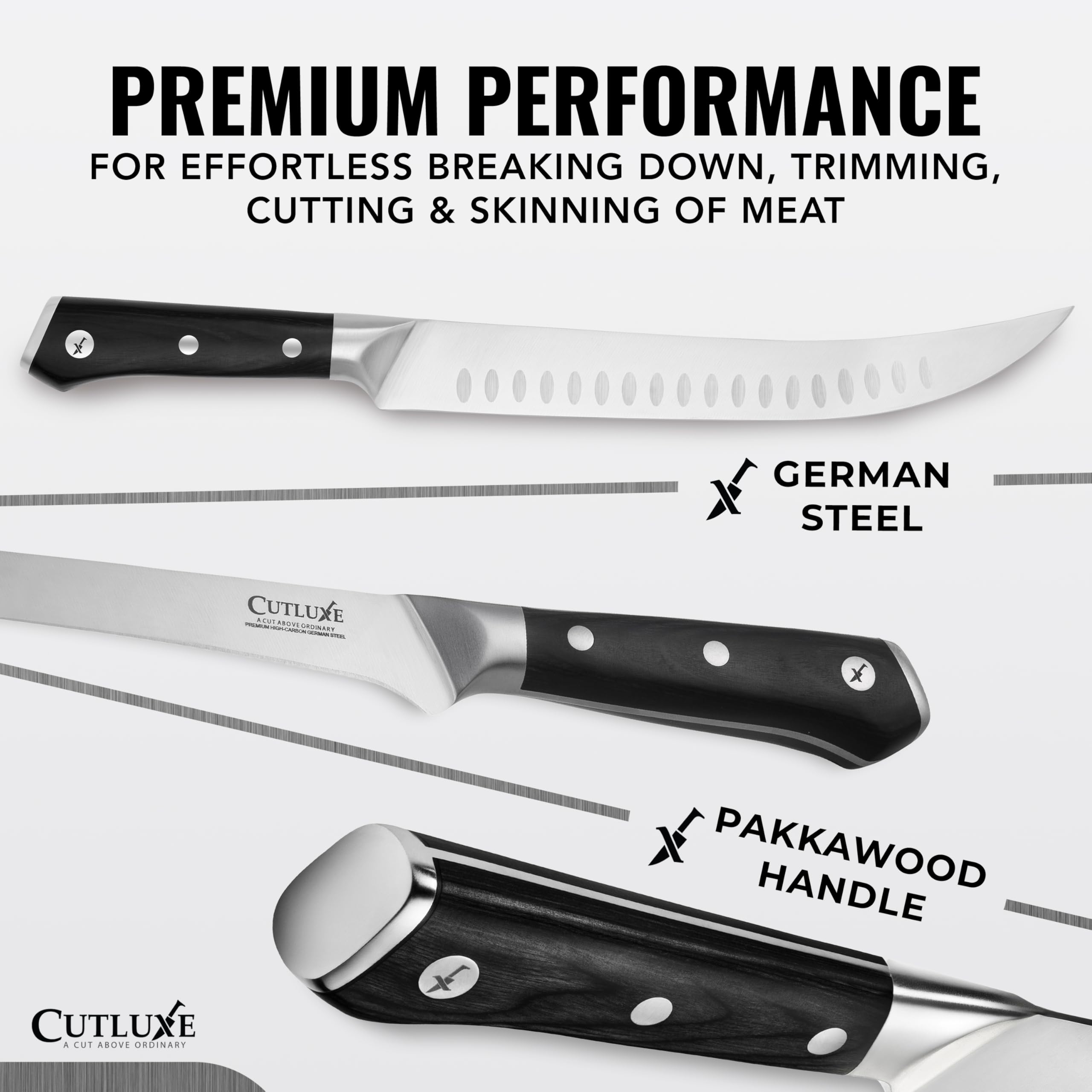 Cutluxe boning knife 6-inch blade for clean deboning and trimming