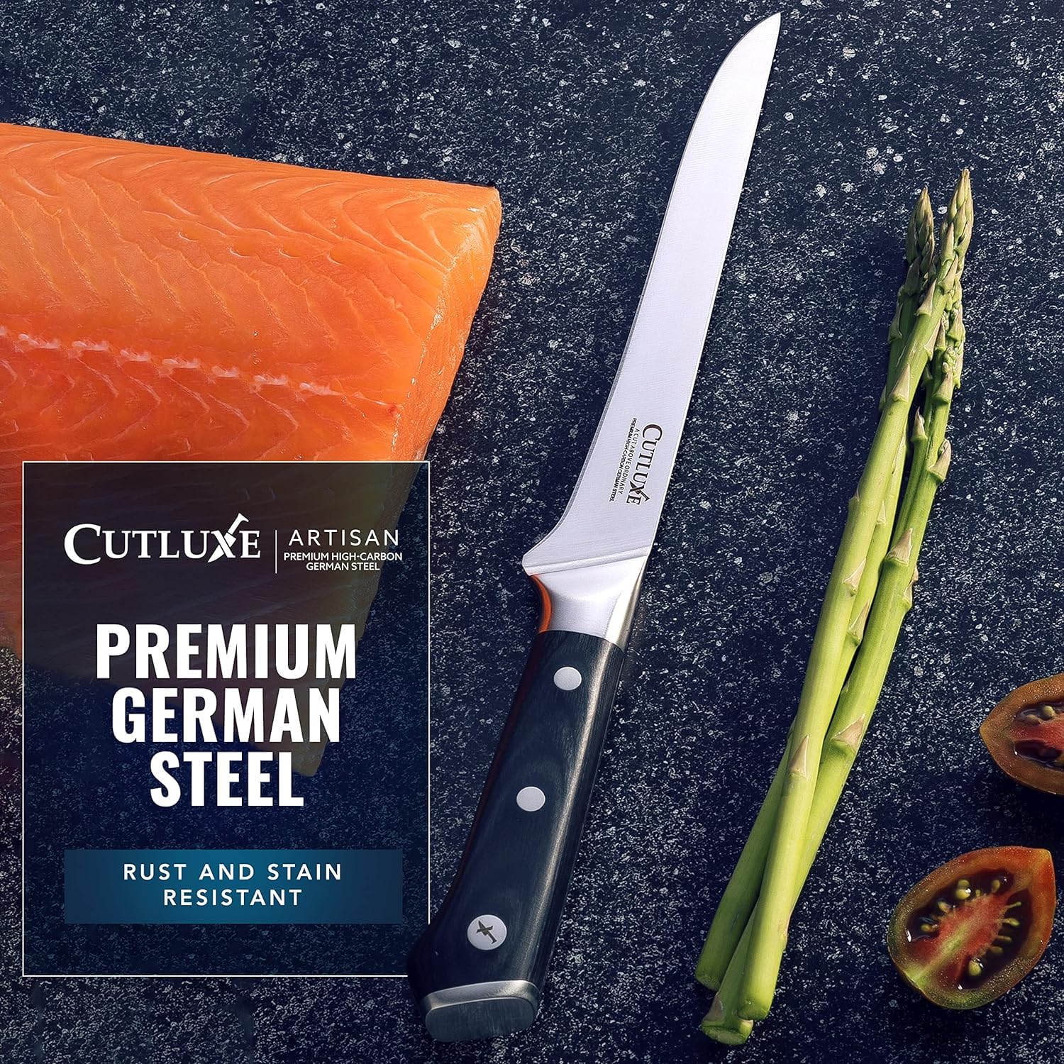 Cutluxe boning knife in action for boning and filleting.
