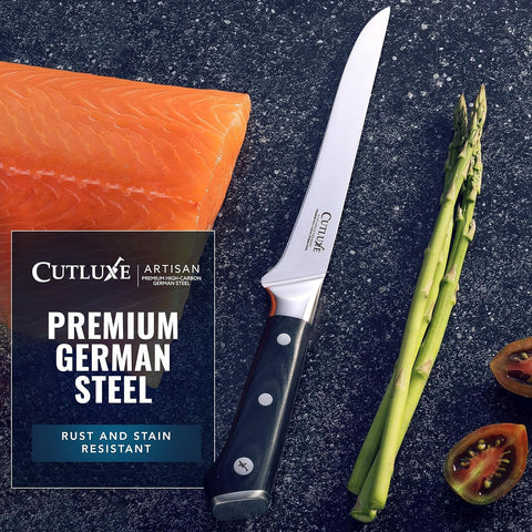 Cutluxe boning knife in action for boning and filleting.