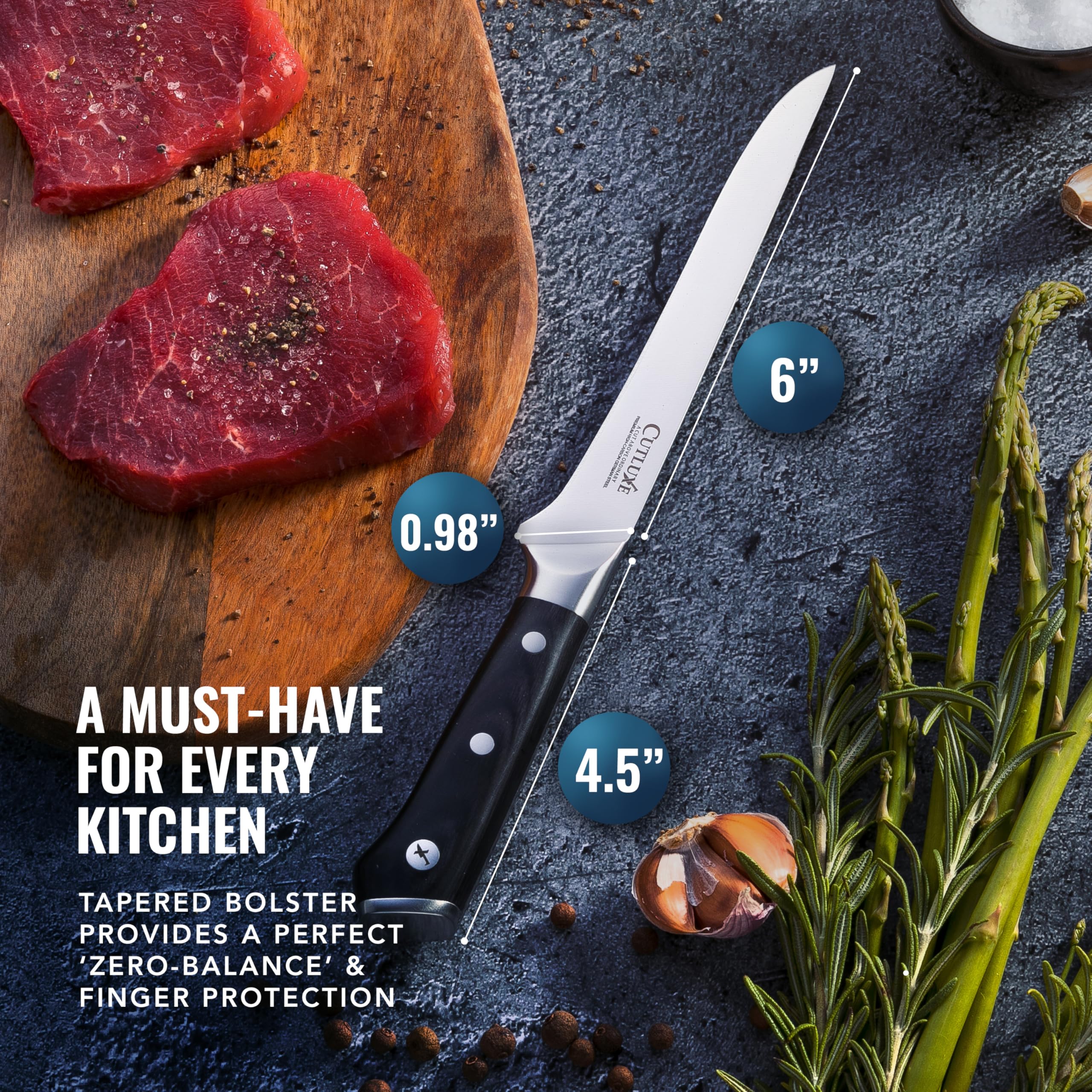 Cutluxe durable stain-resistant blade withstands daily kitchen tasks.