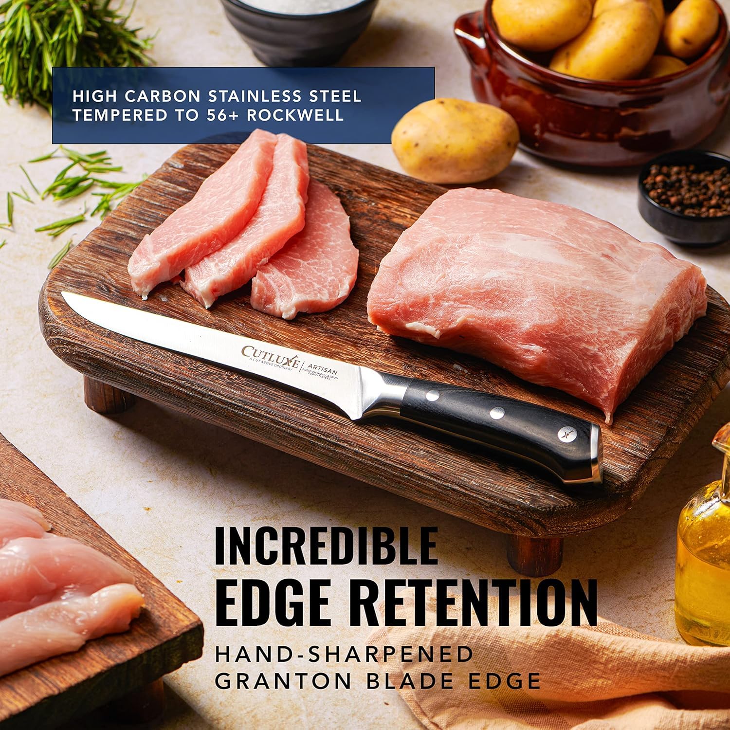 Cutluxe edge sharpened 14-16 deg ensures precise slicing every time.