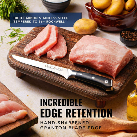 Cutluxe edge sharpened 14-16 deg ensures precise slicing every time.