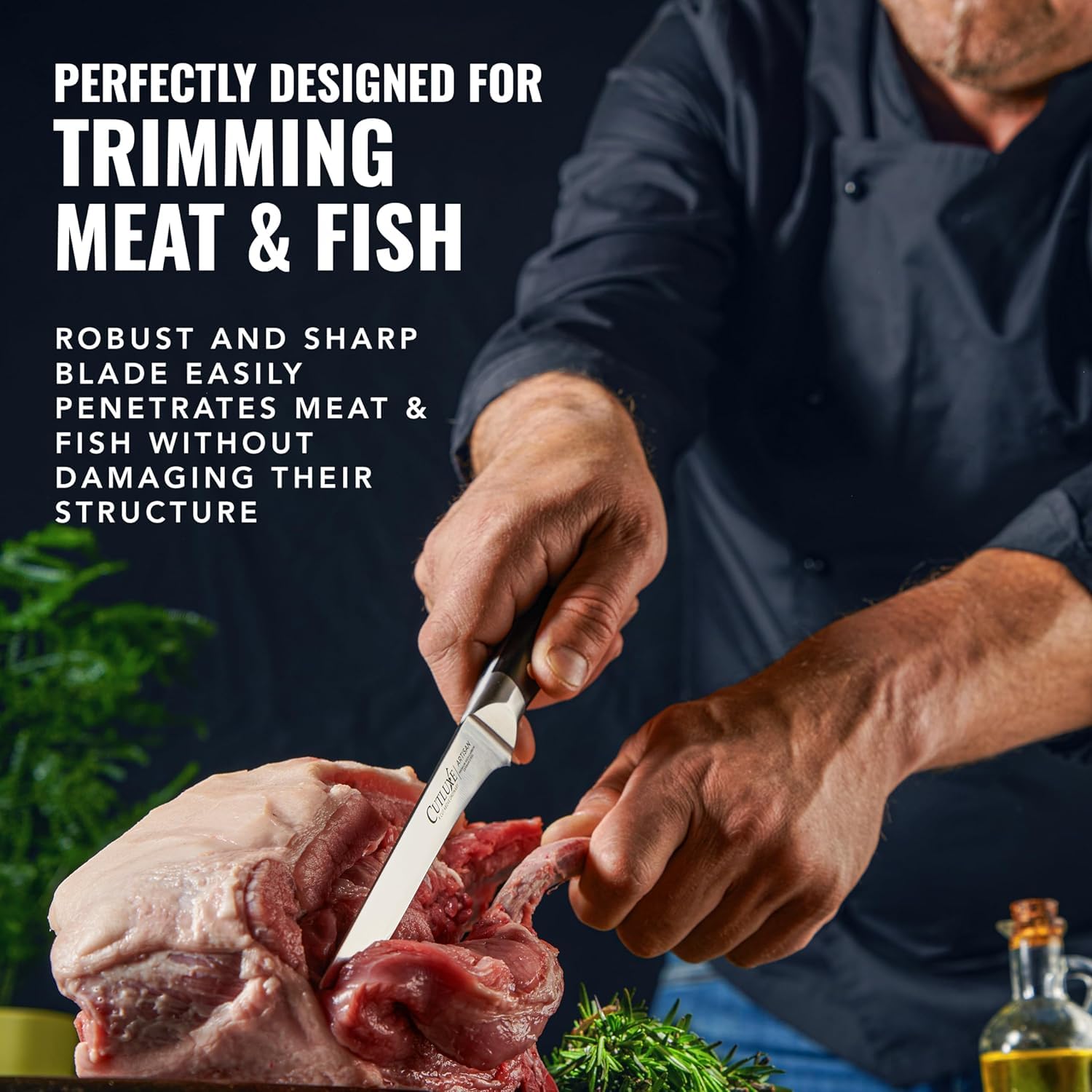 Cutluxe flexible boning knife aids delicate deboning and skinning.