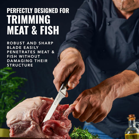 Cutluxe flexible boning knife aids delicate deboning and skinning.