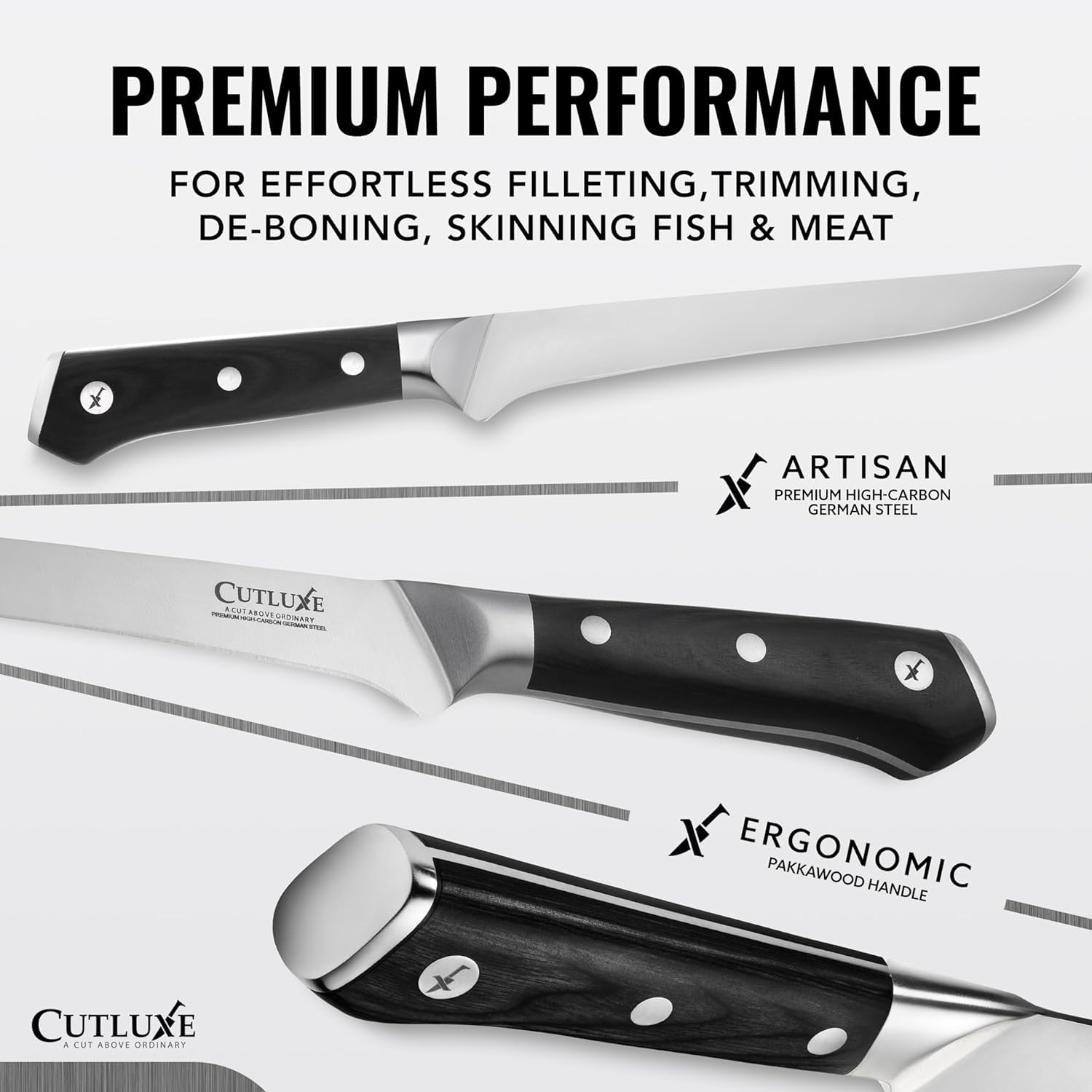 Cutluxe boning knife full-tang ergonomic handle provides steady grip for confident prep.