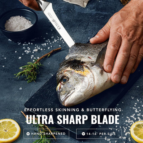 Cutluxe pakkawood handle with triple rivets delivers durable, sanitary kitchen control.