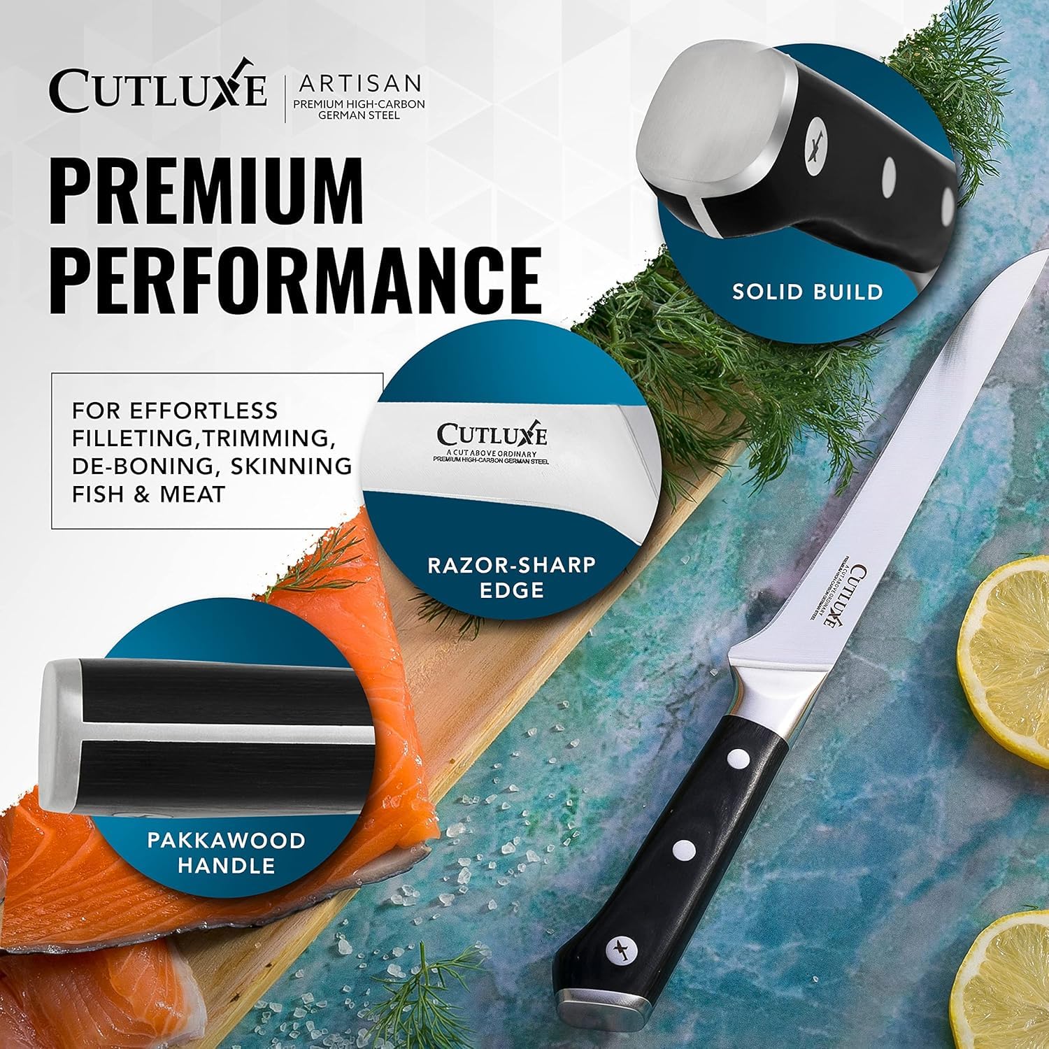 Cutluxe precision trimming supports efficient prep for meats and fish.