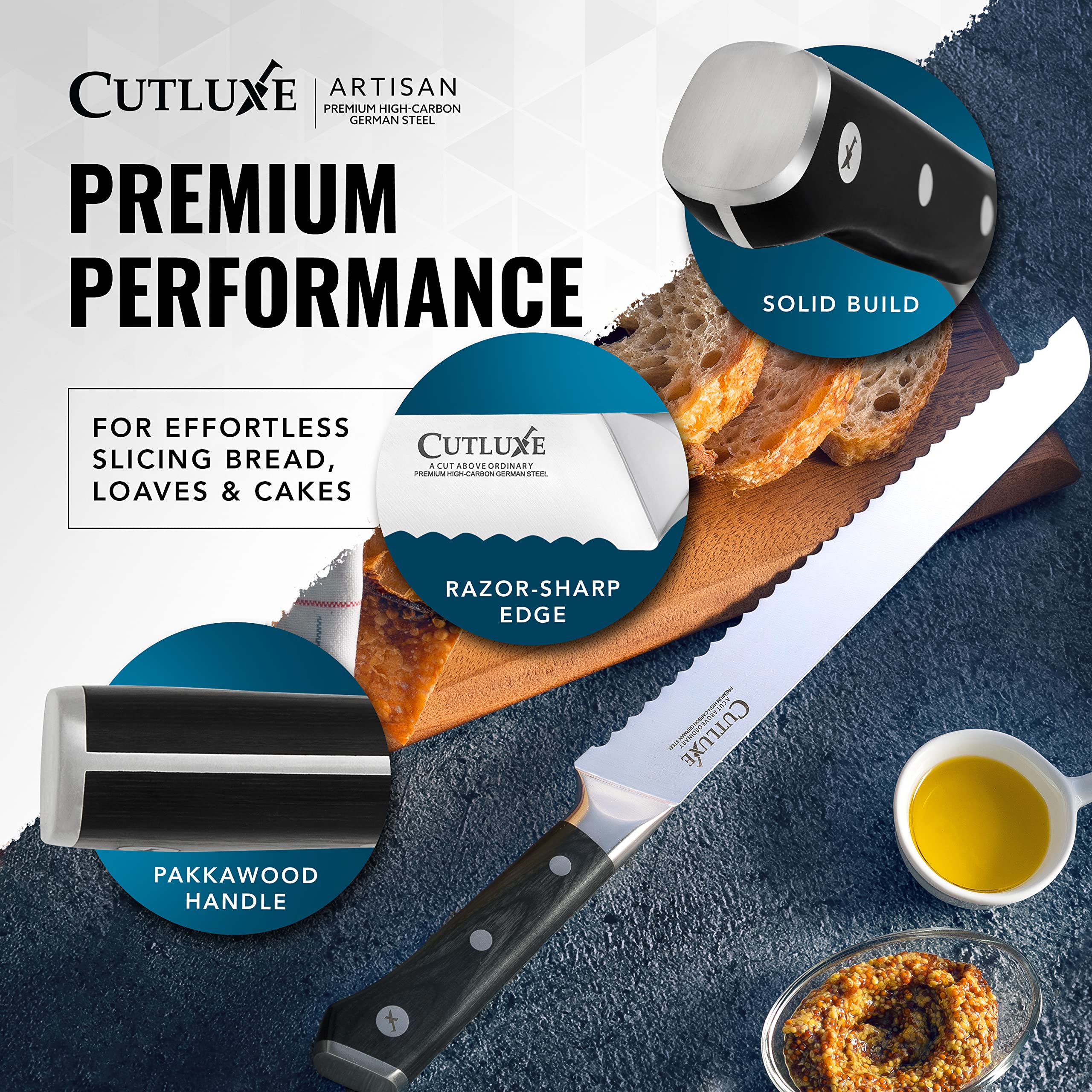 Busy kitchen-ready Cutluxe knife for daily bread prep.