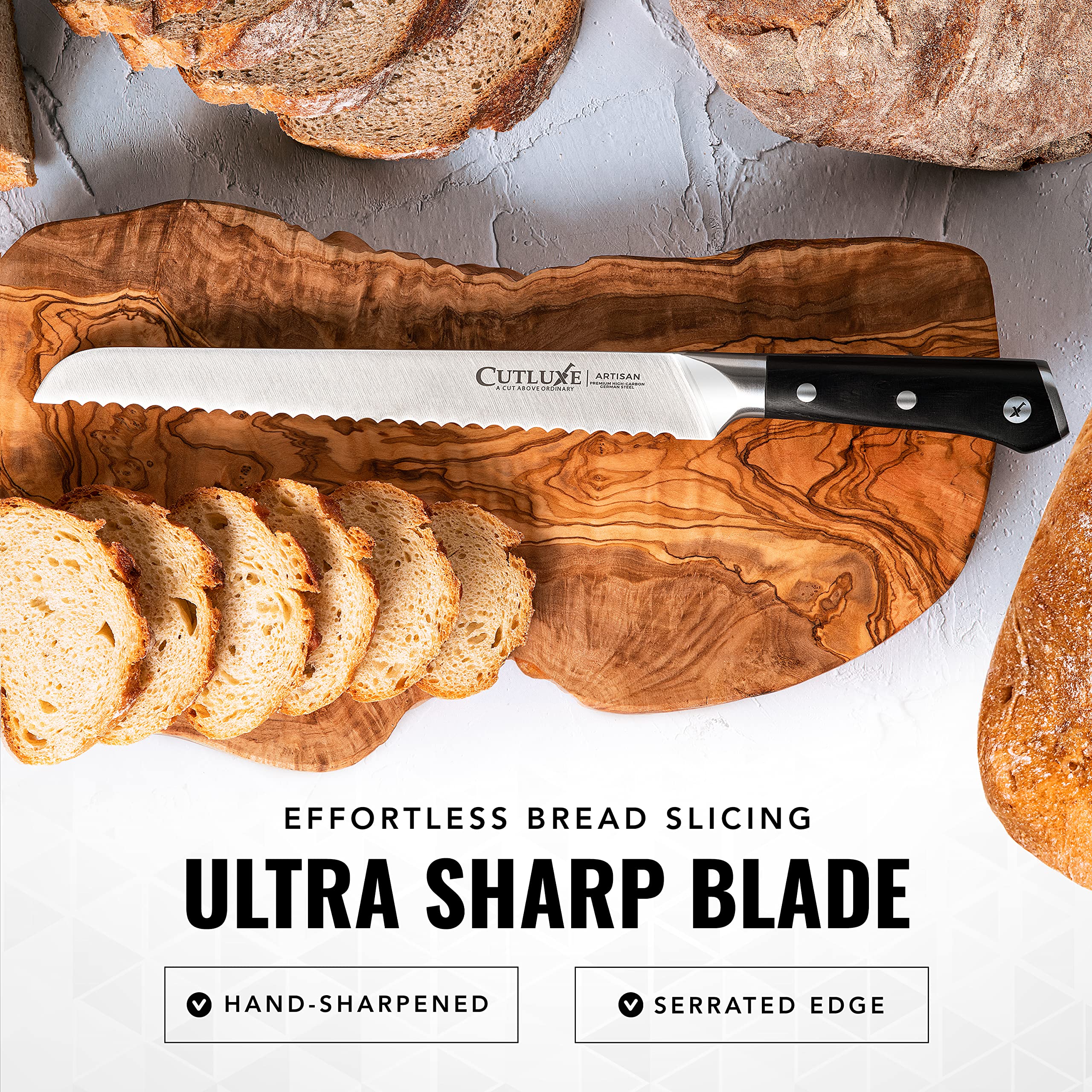 Cutluxe Bread Knife full-tang handle delivers stable, comfortable slicing.