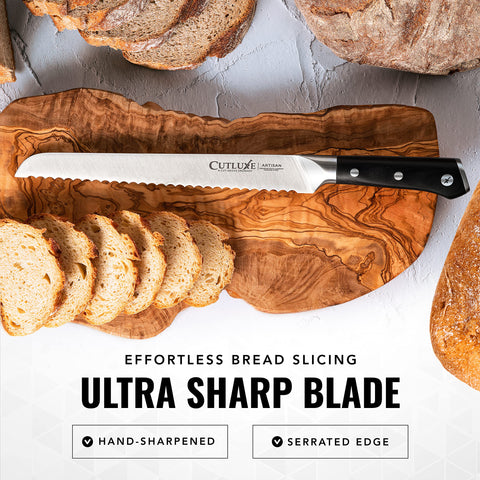 Cutluxe Bread Knife full-tang handle delivers stable, comfortable slicing.