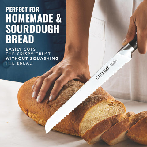 Cutluxe Bread Knife forged from high-carbon German steel for durable performance.