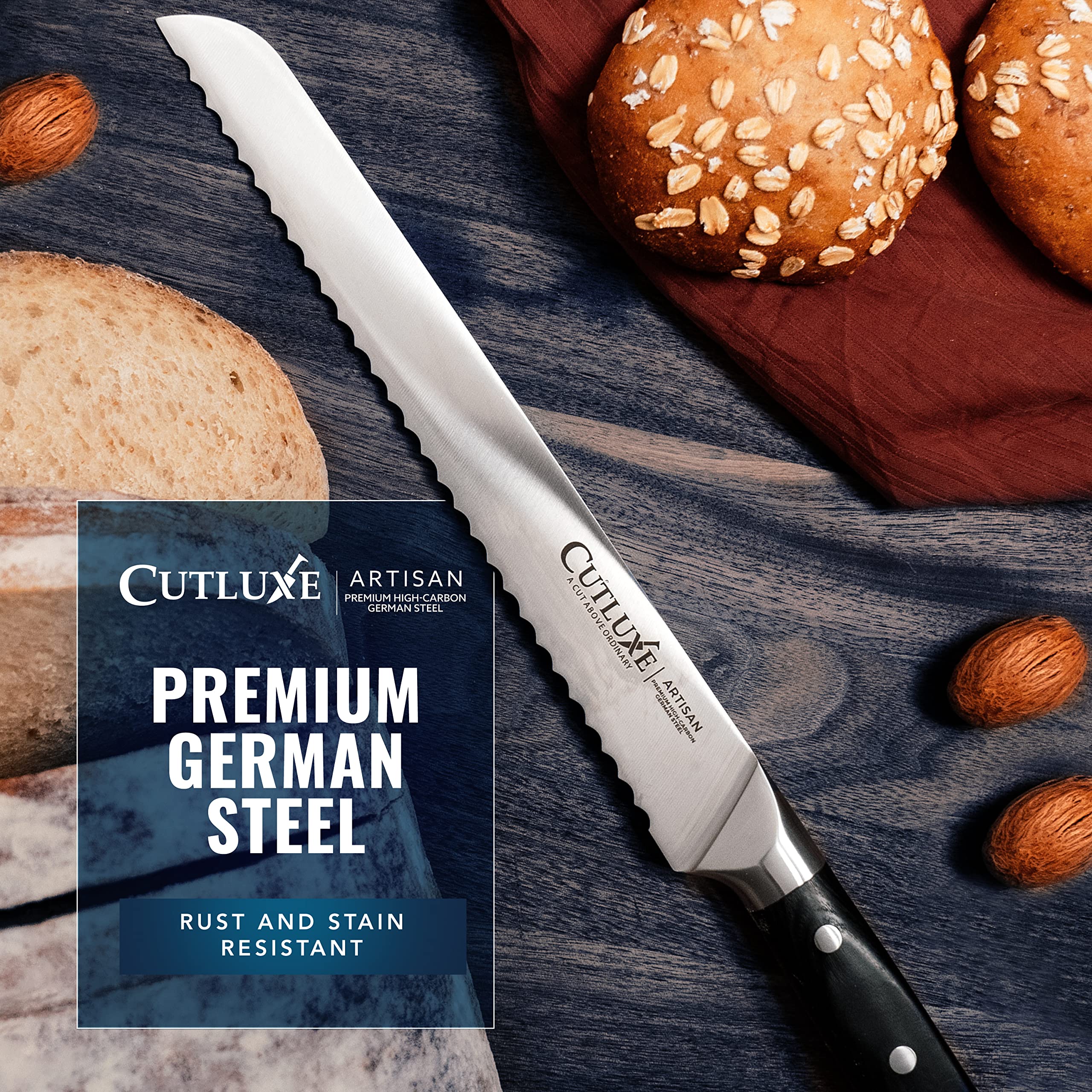 Lifetime warranty badge on the Cutluxe bread knife.