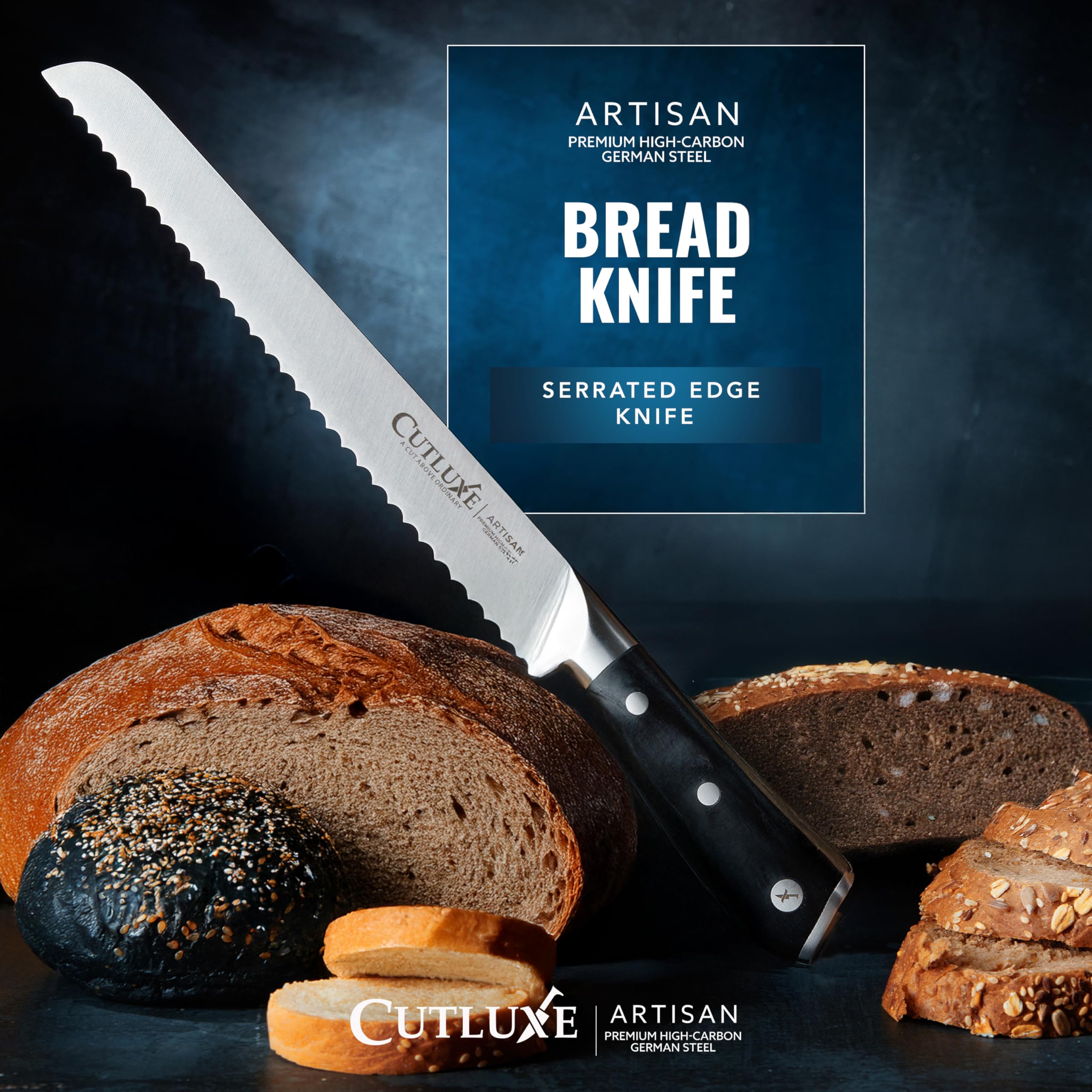 Cutluxe Bread Knife with pakkawood handle provides ergonomic grip and style.
