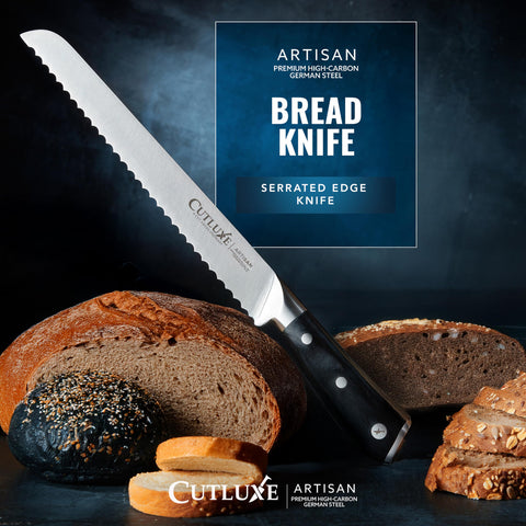 Cutluxe Bread Knife with pakkawood handle provides ergonomic grip and style.