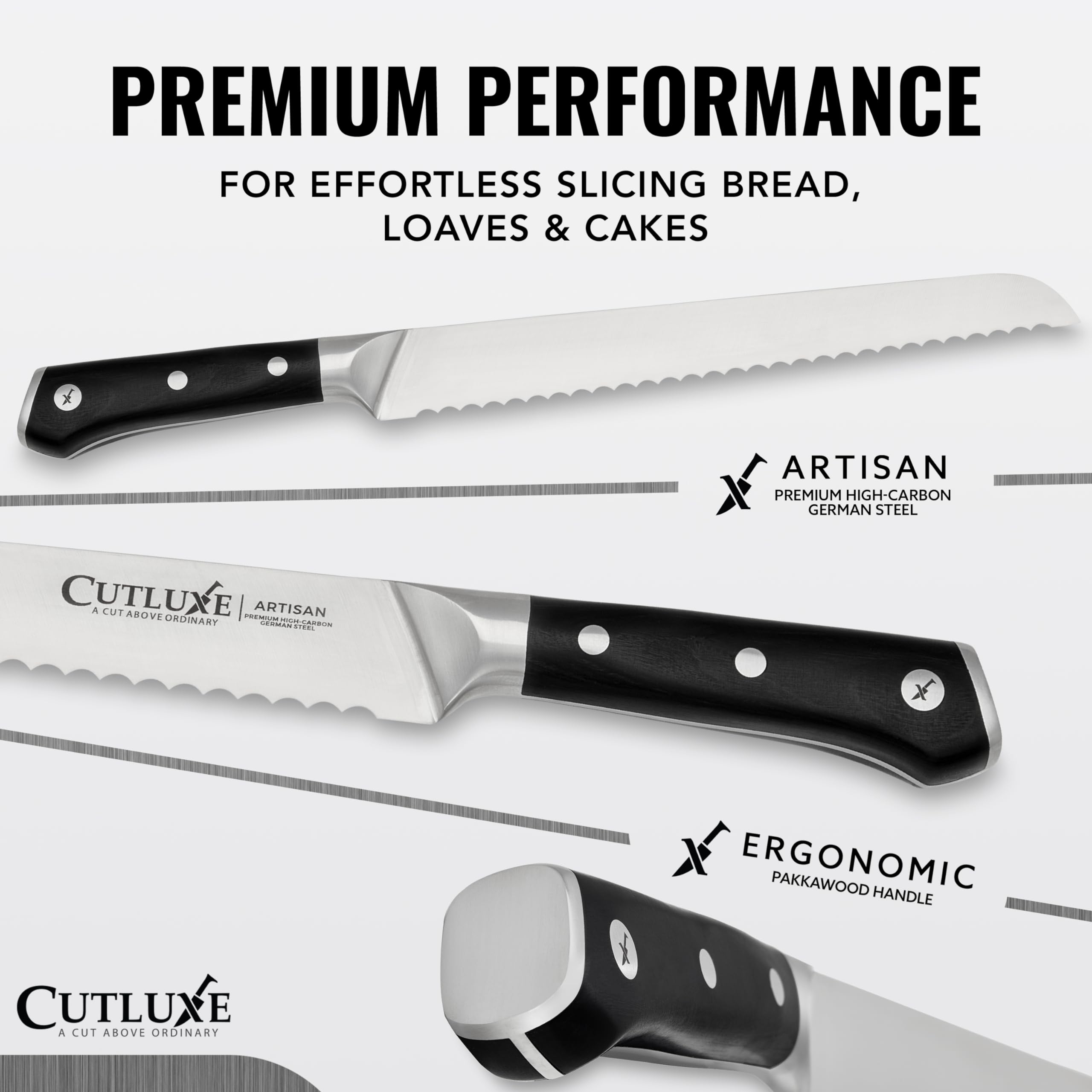 Cutluxe Bread Knife shows razor-sharp edge for crusty loaves and even cuts.