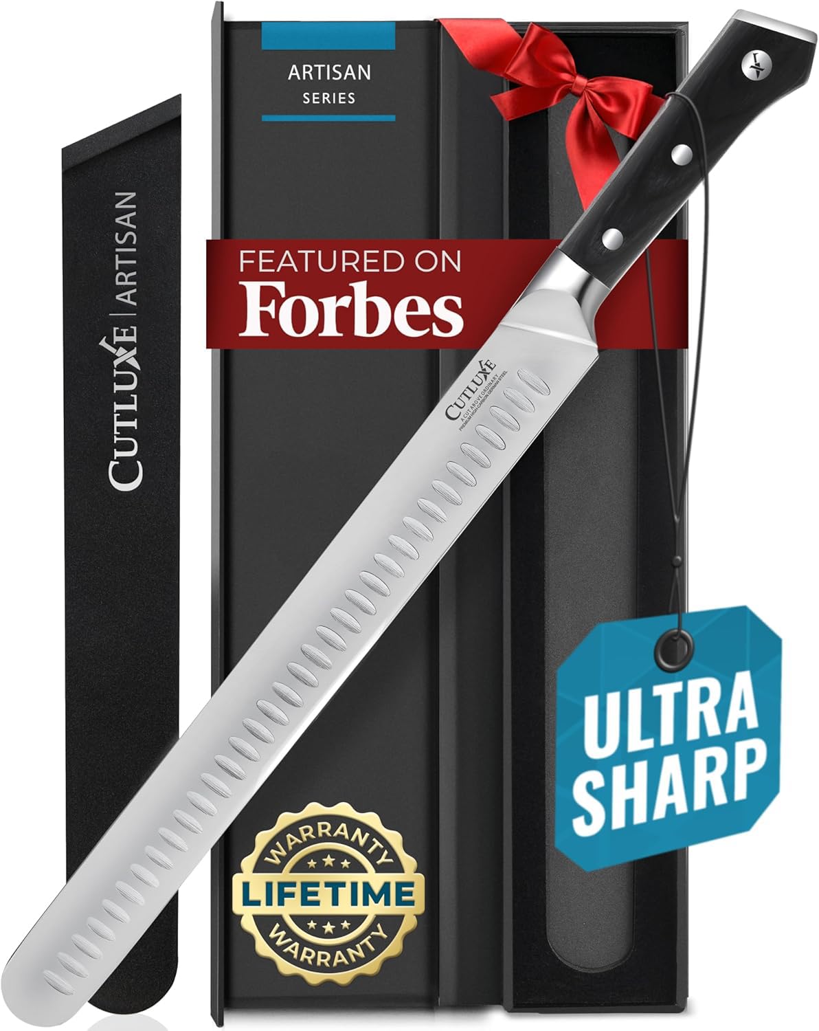 Cutluxe brisket knife 12-inch edge for precise meat slicing.