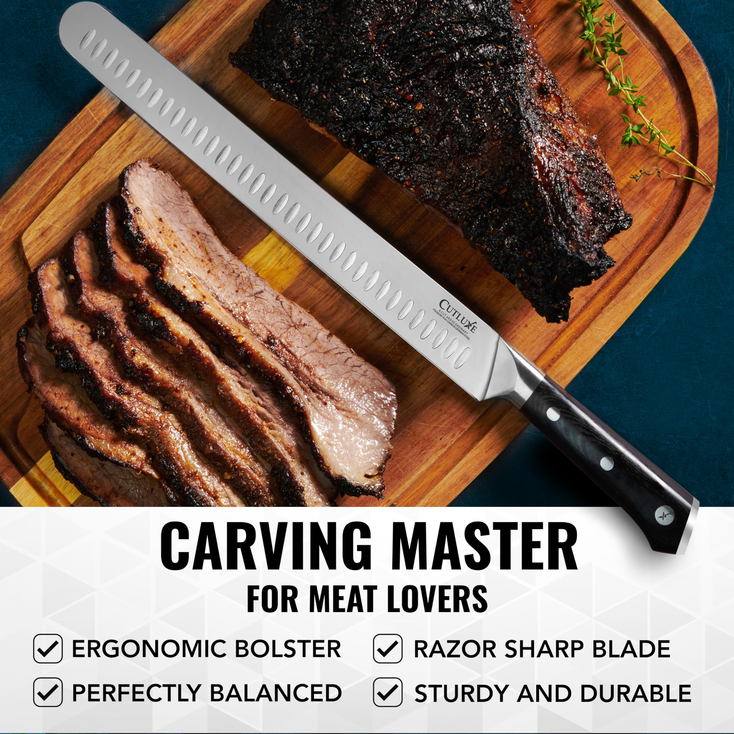 Cutluxe brisket knife ergonomic design for comfortable chopping.