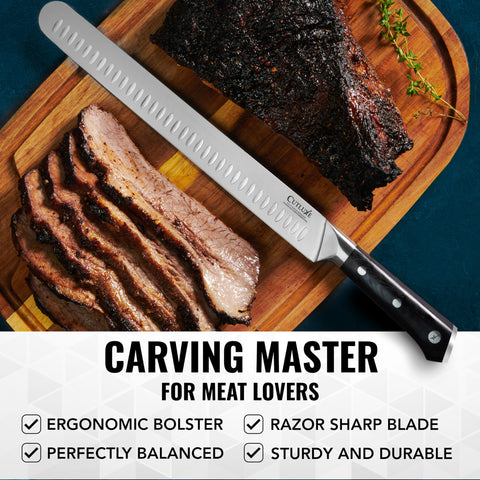 Cutluxe brisket knife ergonomic design for comfortable chopping.