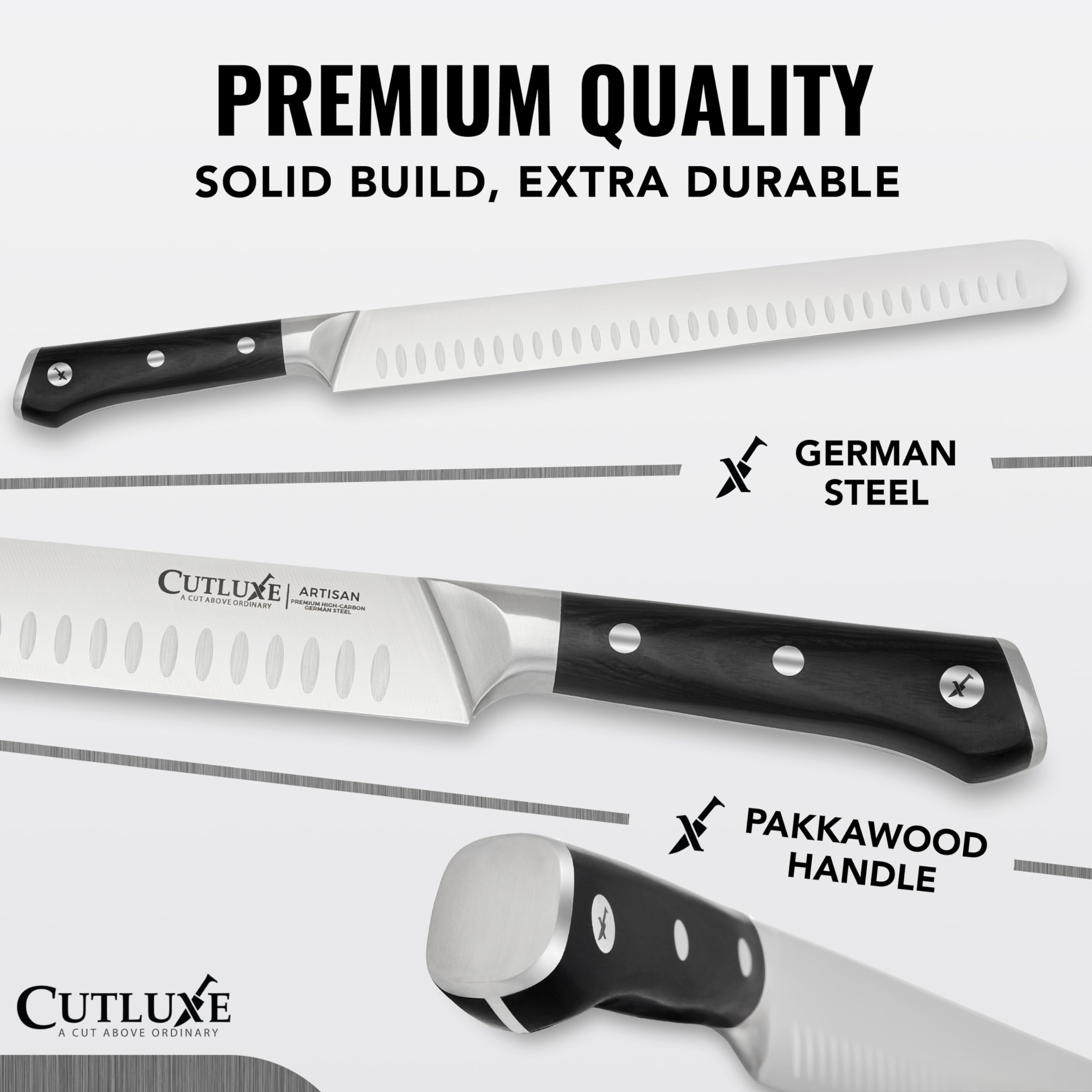 Cutluxe brisket knife with granton edge close-up for reduced sticking.