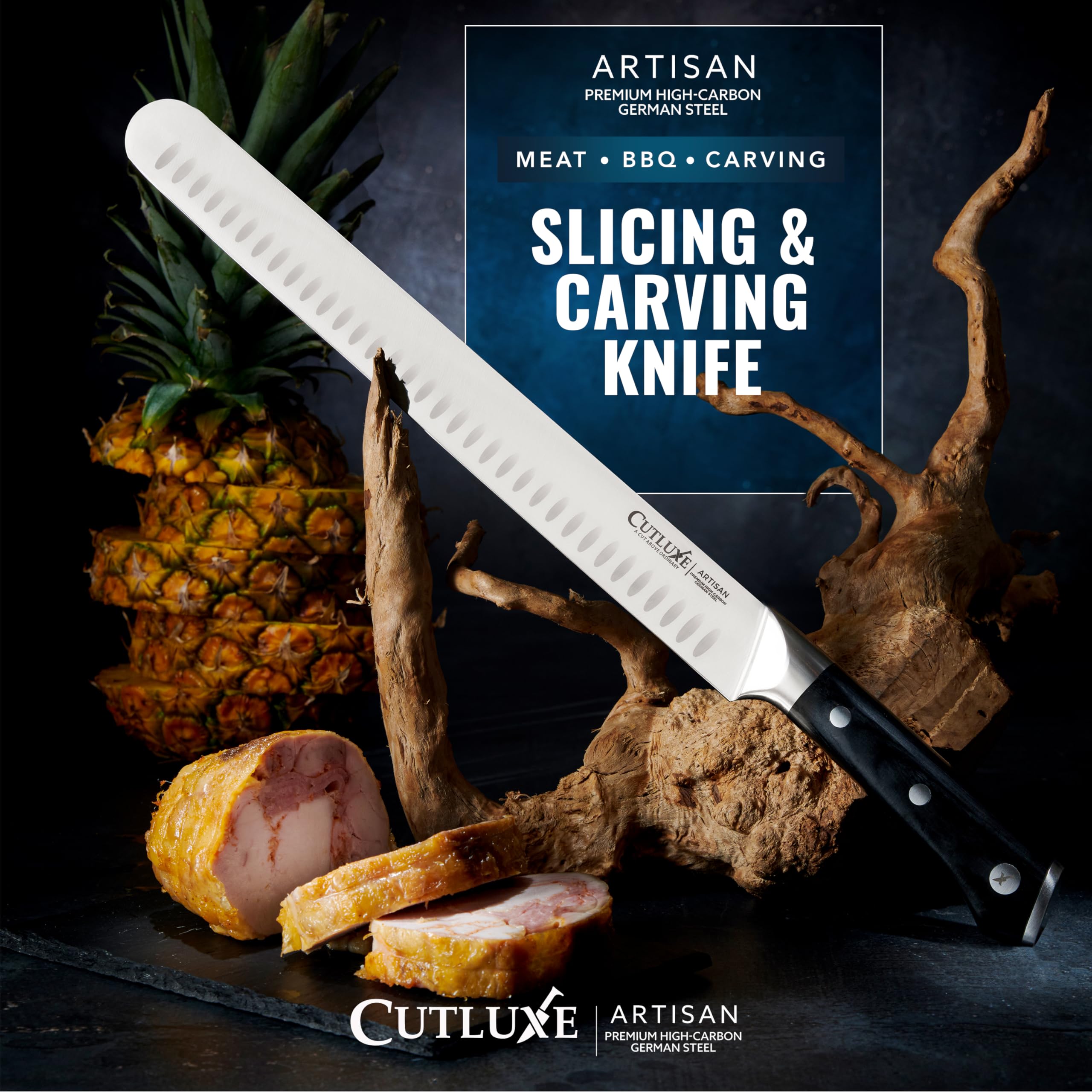Cutluxe brisket knife ideal for carving juicy slices.