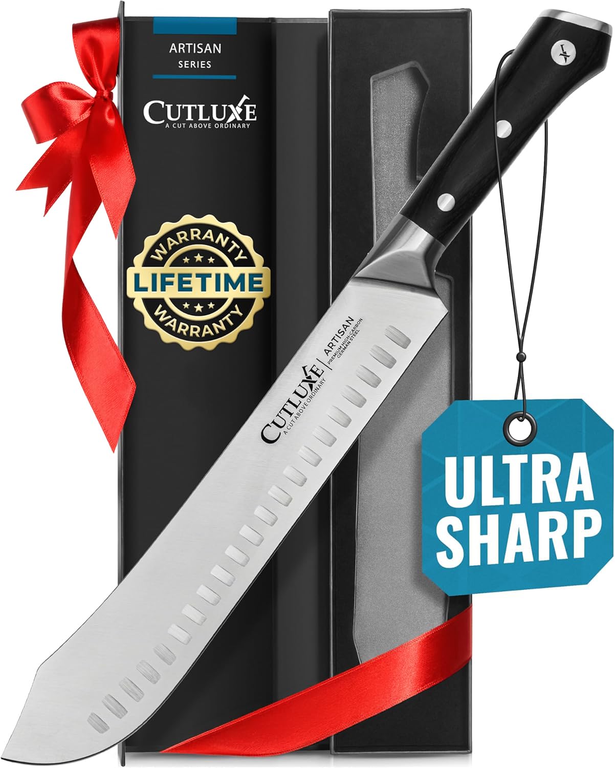 Cutluxe bullnose carving knife shows razor-edge for precise meat slicing.