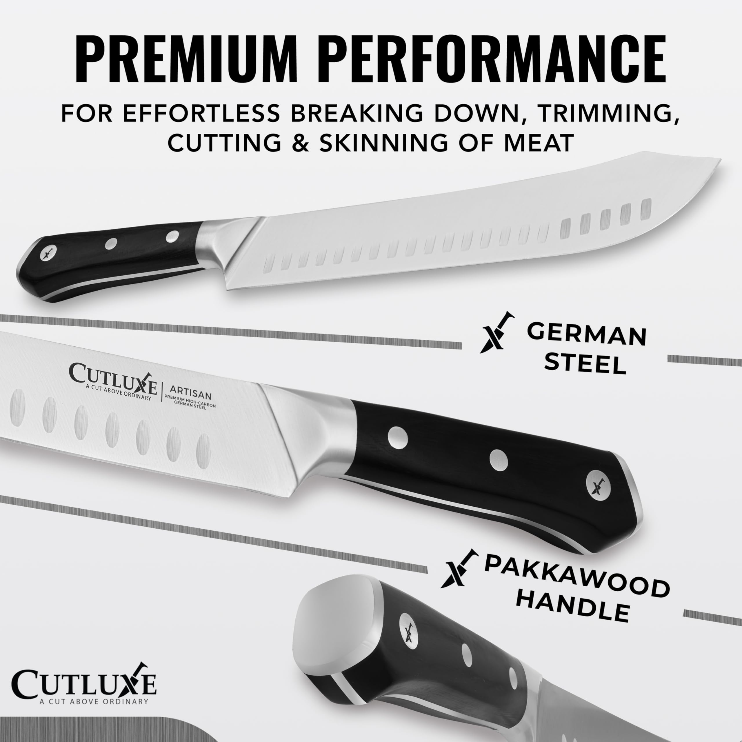 Cutluxe bullnose carving knife 10in carving roasted meat with clean cuts.