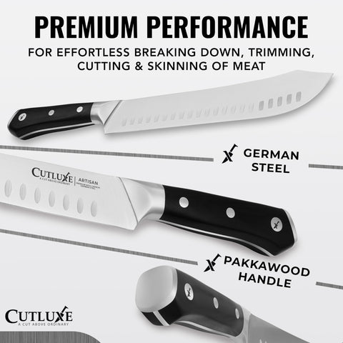 Cutluxe bullnose carving knife 10in carving roasted meat with clean cuts.