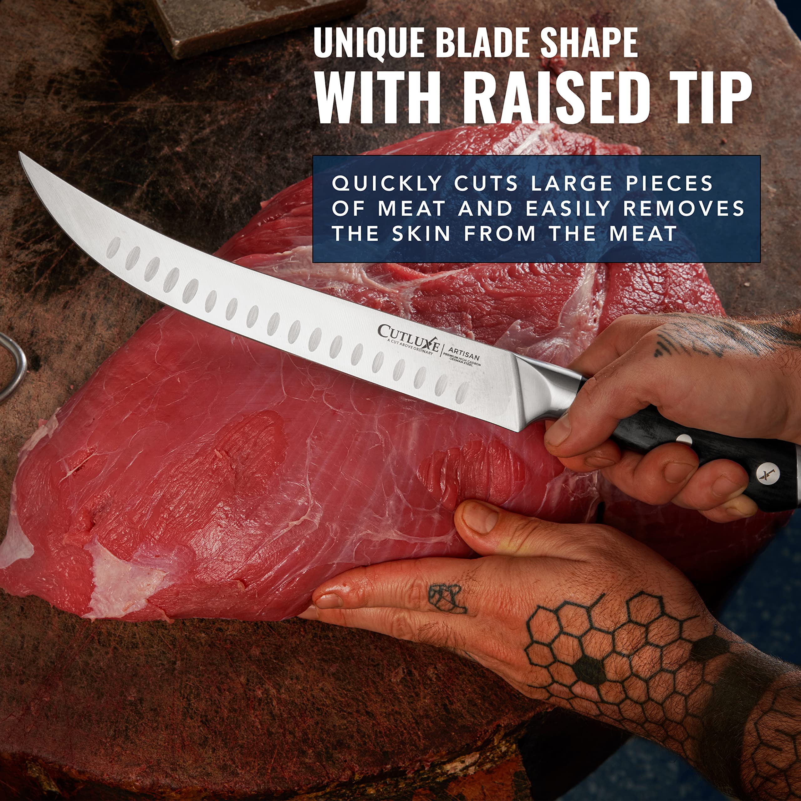 Cutluxe 56 Rockwell hardness ensures durable edge through tough tasks.