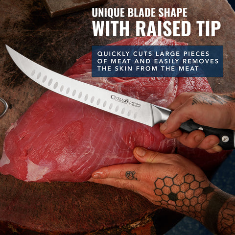 Cutluxe 56 Rockwell hardness ensures durable edge through tough tasks.