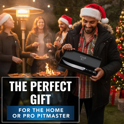 Cutluxe butcher knife full-tang handle shows stability and comfort during prep.