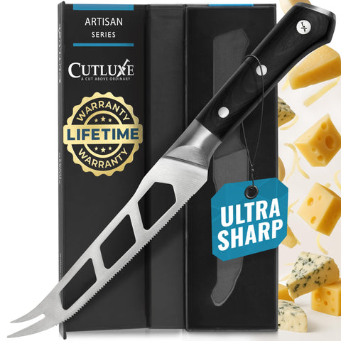 Cutluxe 5-inch cheese knife ready for soft and hard cheeses with precision carving