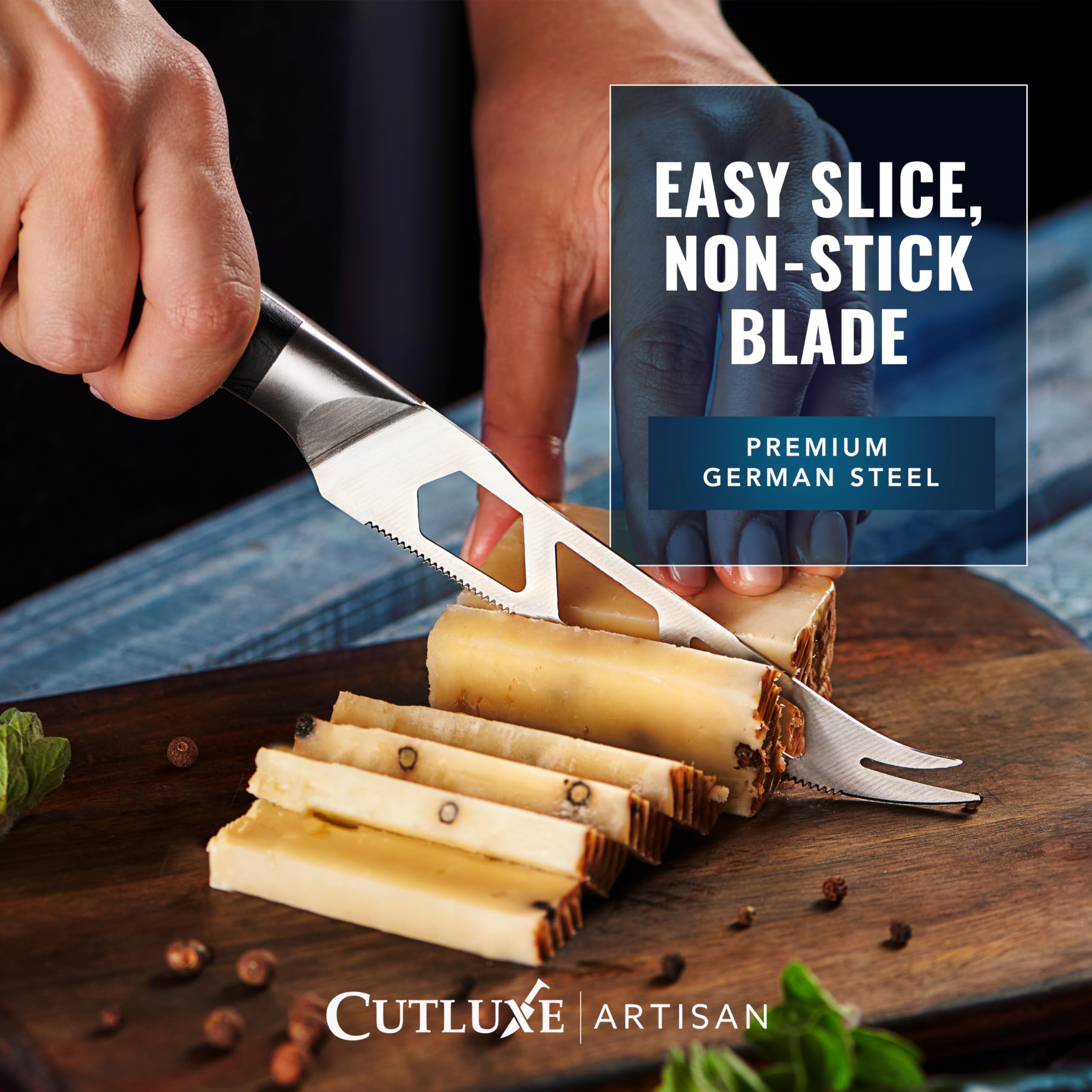 Cutluxe hollow blade reduces sticking for smoother cheese cuts