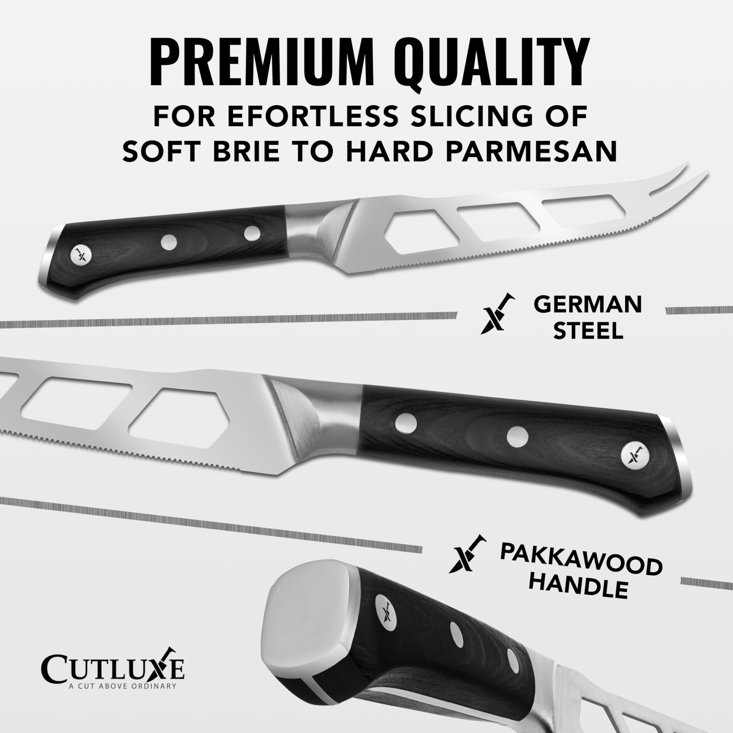 Cutluxe cheese knife serrated edge for clean cuts on Brie and Cheddar