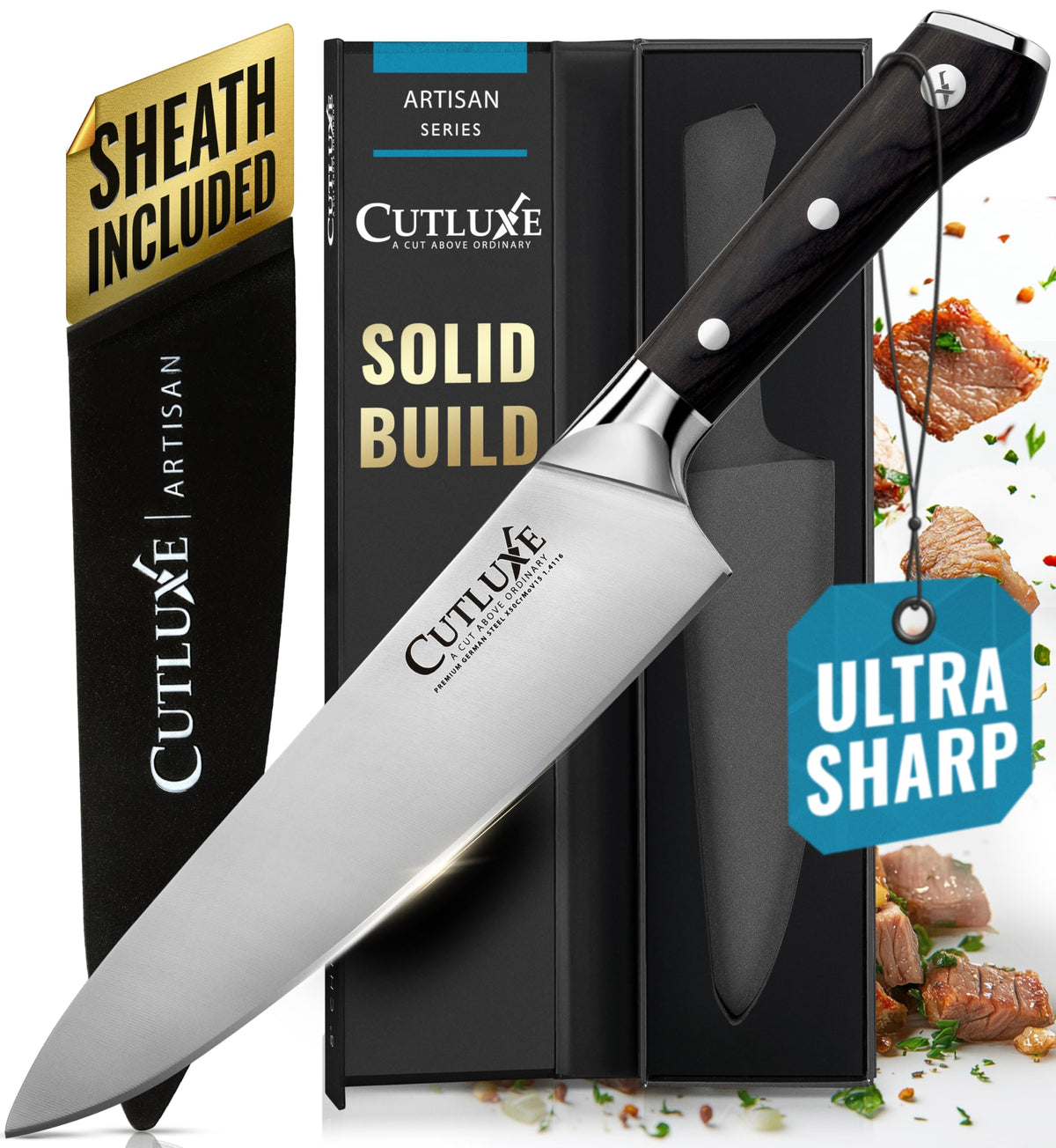 Cutluxe Chef Knife 8-inch blade close-up for precise slicing and edge durability.