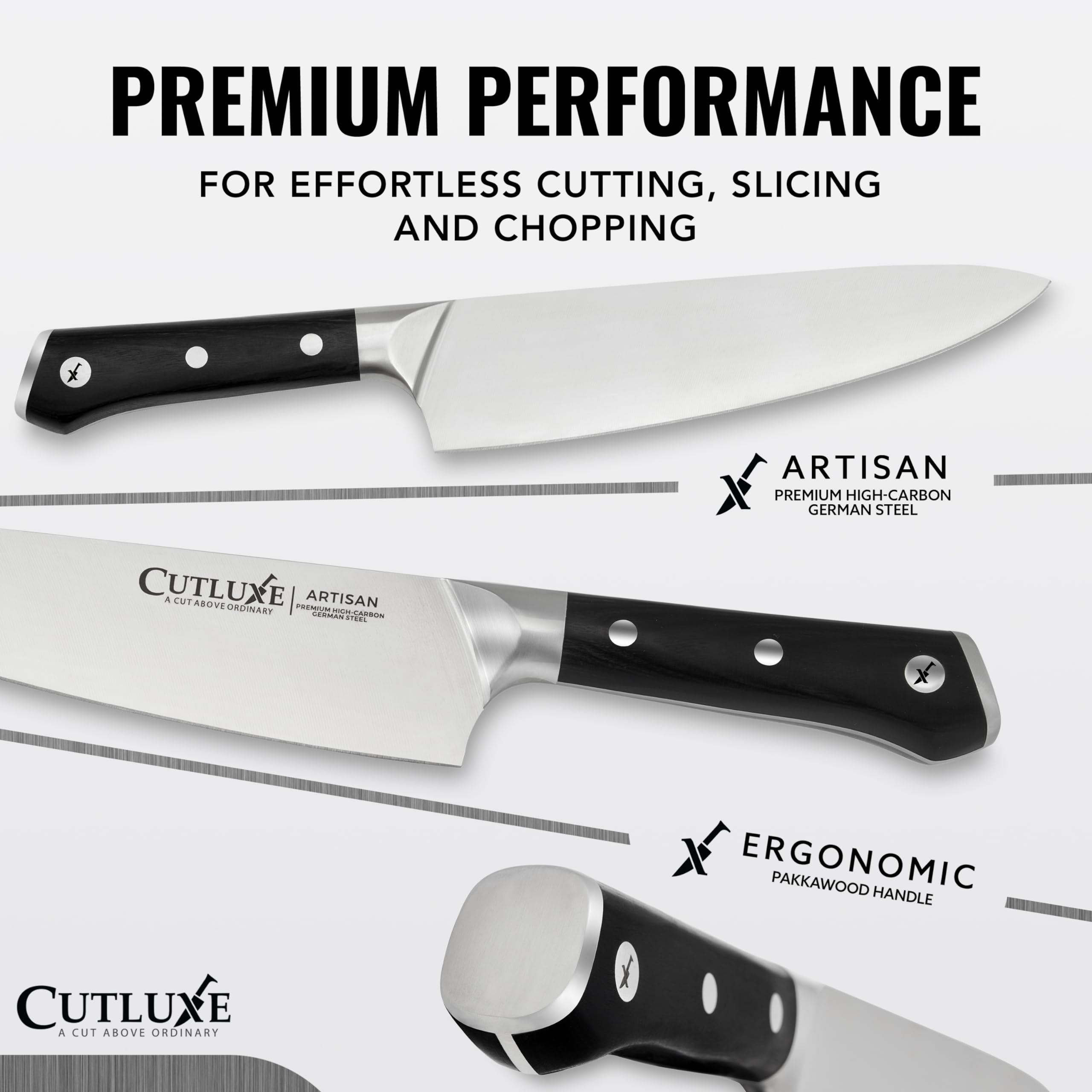 Cutluxe Chef Knife 8-inch full tang design shown for balanced control.