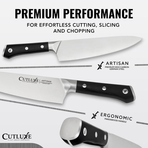 Cutluxe Chef Knife 8-inch full tang design shown for balanced control.