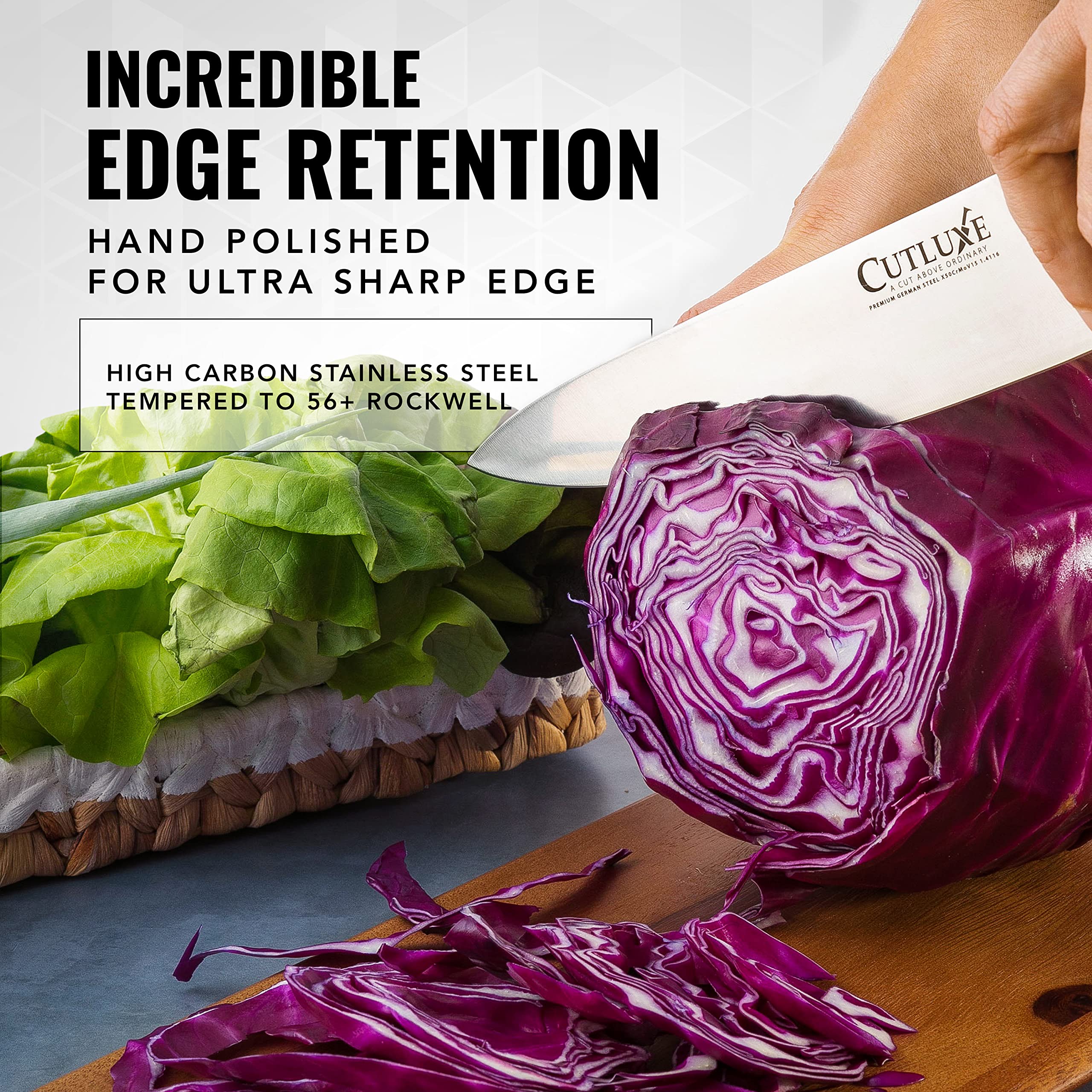 Cutluxe Chef Knife 8-inch German high-carbon steel blade for lasting sharpness.