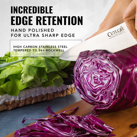 Cutluxe Chef Knife 8-inch German high-carbon steel blade for lasting sharpness.