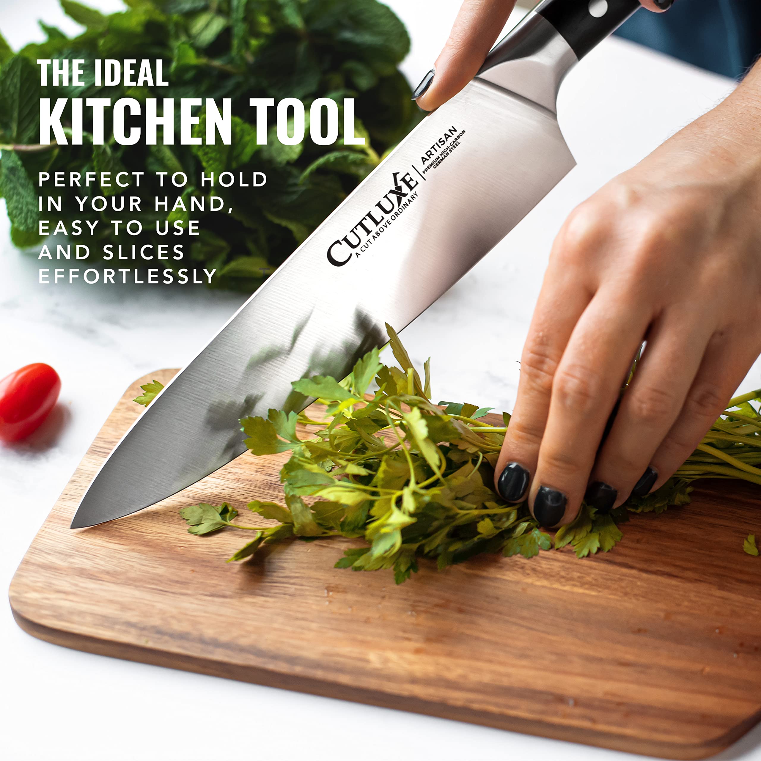 Cutluxe Chef Knife 8-inch multipurpose cutting for meat, vegetables, and sushi prep.