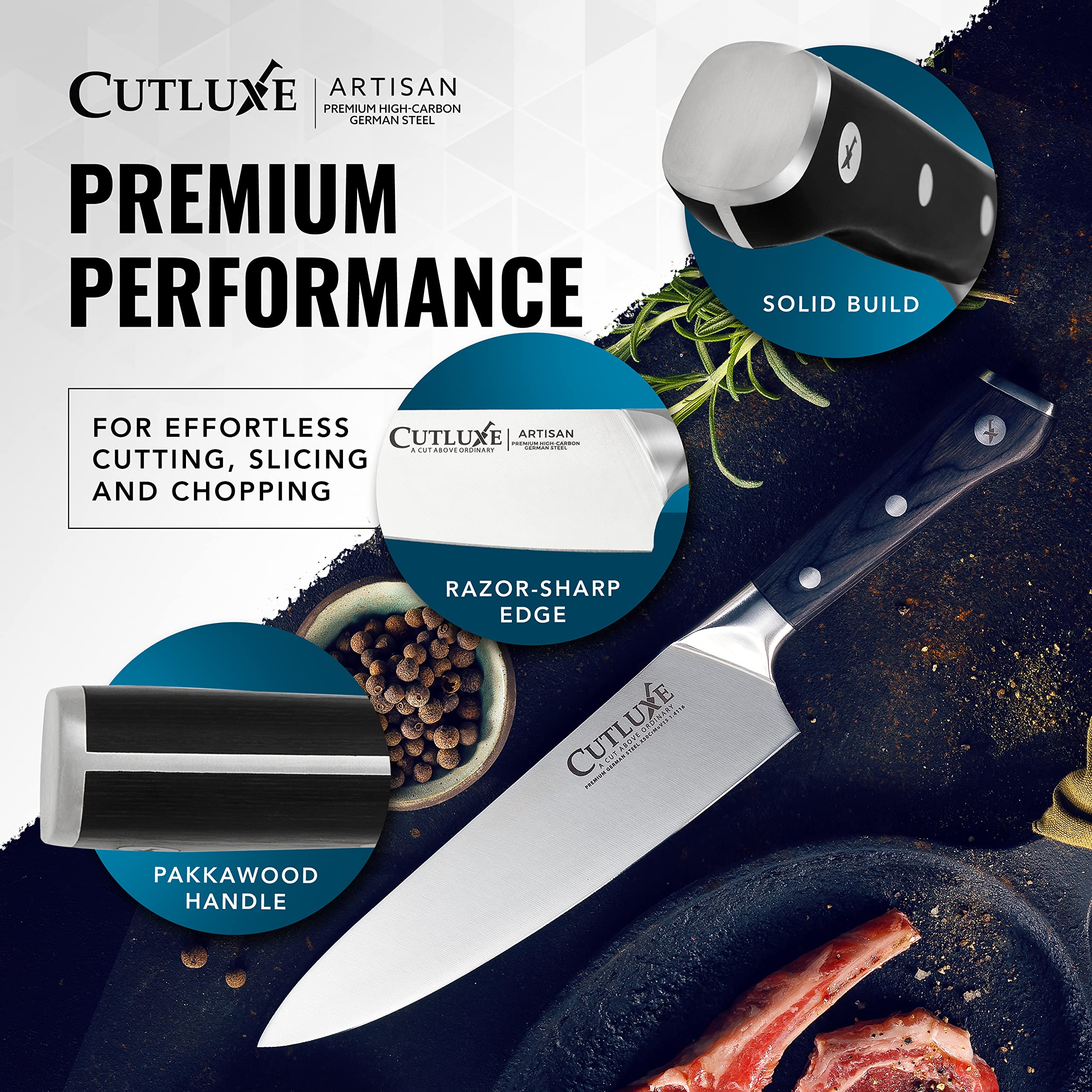 Cutluxe Chef Knife 8-inch precision cutting for clean, even slices.