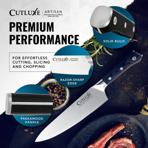 Cutluxe Chef Knife 8-inch precision cutting for clean, even slices.