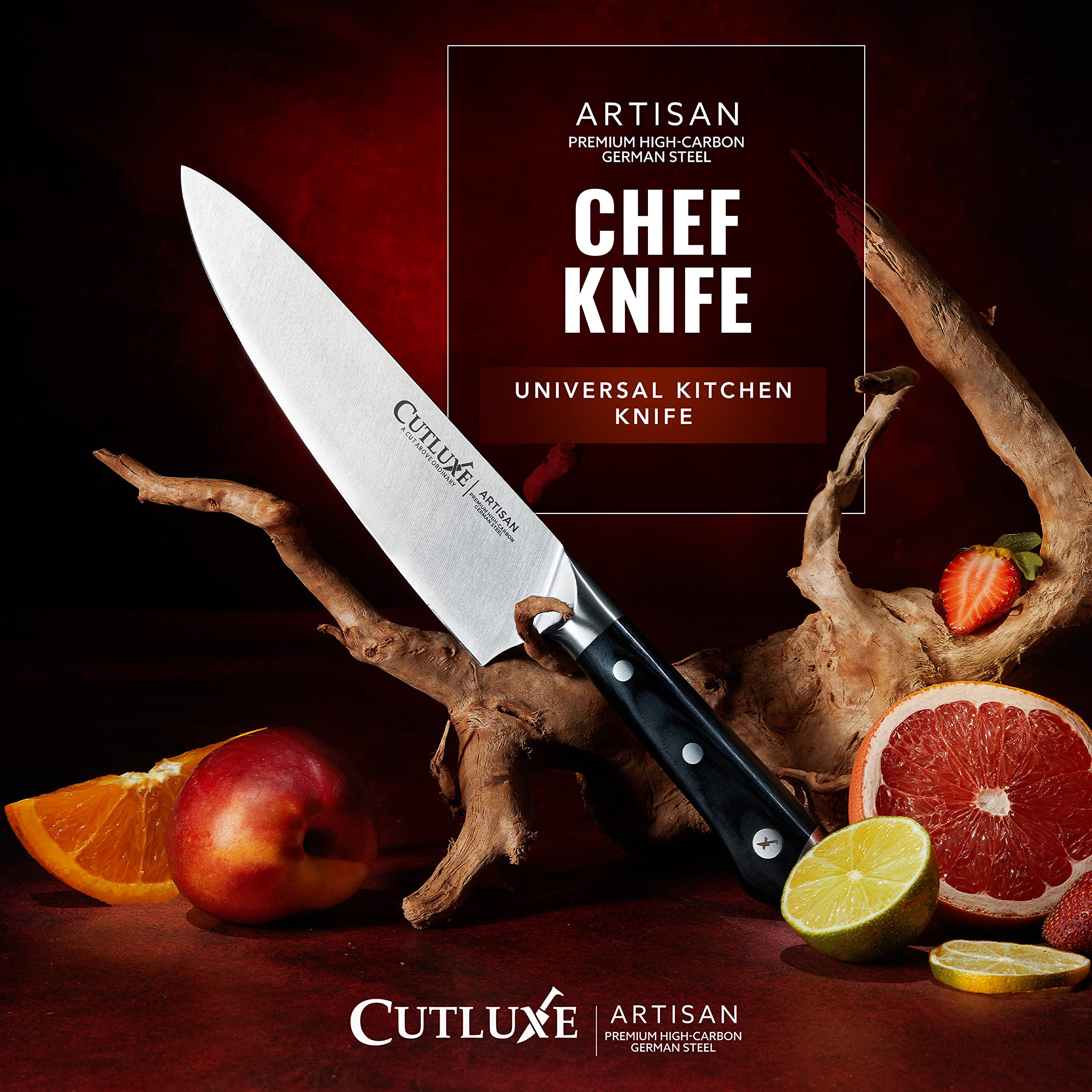 Cutluxe Chef Knife 8-inch sheath included for safe storage on the go.