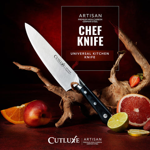Cutluxe Chef Knife 8-inch sheath included for safe storage on the go.