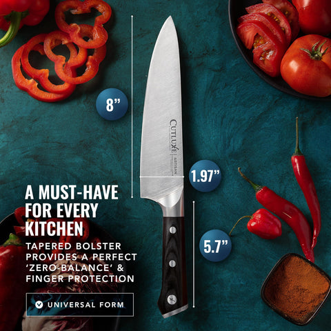 Cutluxe Chef Knife 8-inch sushi and vegetables prep in one versatile tool.