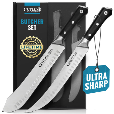 Cutluxe cimeter breaking knife 10in shows precise slicing for professionals.